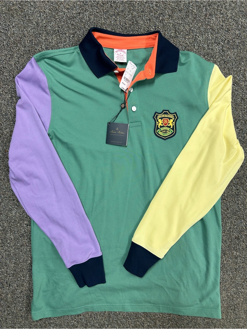 NWT Medium Brooks Brothers Mens Long Sleeve Rugby Polo Colorblock Crest Patch